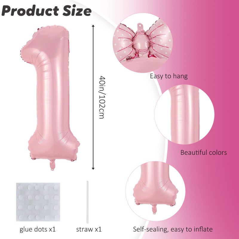 Eoopoon 40in Number 1 Balloon with Bow, Pink Large Happy Birthday Balloon for Girls 1st Birthday Party, Perfect for birthday Decorations Party Supplies (Number 1) - Image 5