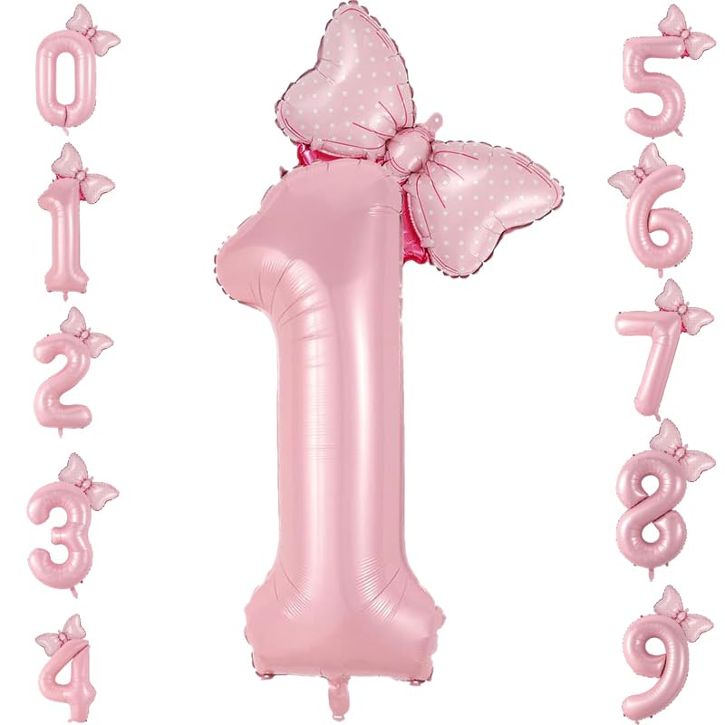Eoopoon 40in Number 1 Balloon with Bow, Pink Large Happy Birthday Balloon for Girls 1st Birthday Party, Perfect for birthday Decorations Party Supplies (Number 1) - Image 1