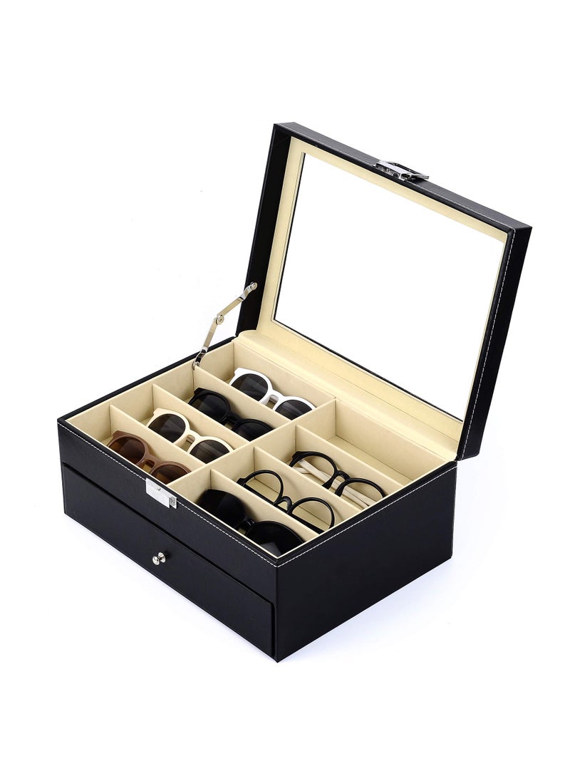 Siveit Siveit 16 Slot Sunglass Organizer Leather Eyeglasses Collector Eyewear Display Case Storage Box Black 