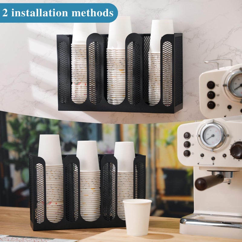 Maxcheck Metal Mesh Cup and Lid Holder Coffee Paper Cup Dispenser Lid Holder Storage Organizer Countertop or Wall Mount for Coffee Bar, Kitchen, Breakroom(3 Compartments) - Image 4