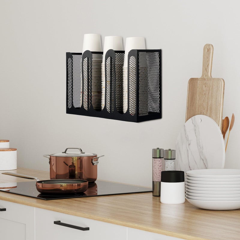 Maxcheck Metal Mesh Cup and Lid Holder Coffee Paper Cup Dispenser Lid Holder Storage Organizer Countertop or Wall Mount for Coffee Bar, Kitchen, Breakroom(3 Compartments) - Image 5