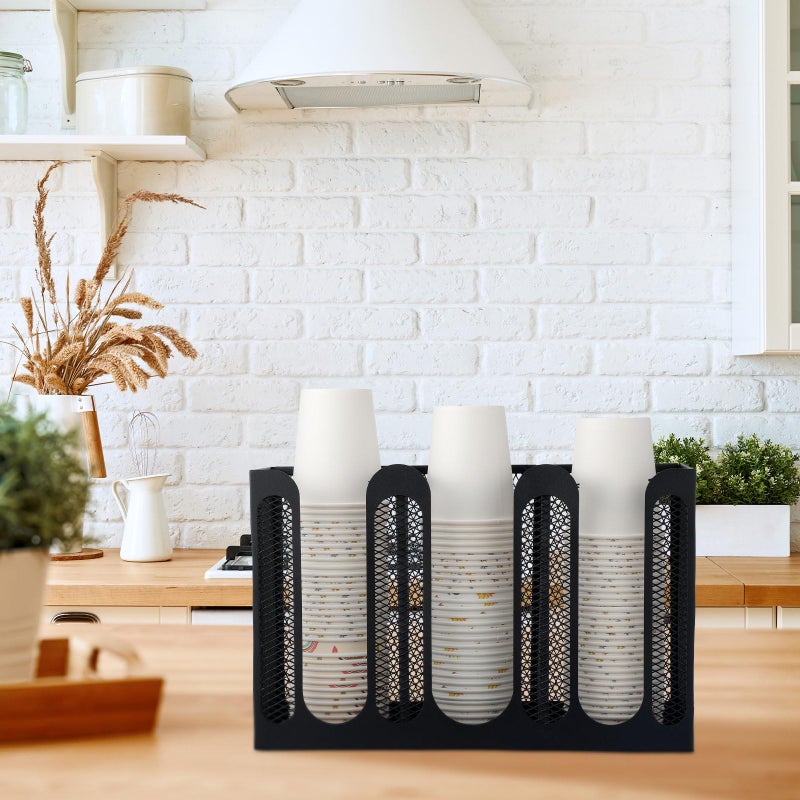 Maxcheck Metal Mesh Cup and Lid Holder Coffee Paper Cup Dispenser Lid Holder Storage Organizer Countertop or Wall Mount for Coffee Bar, Kitchen, Breakroom(3 Compartments) - Image 3