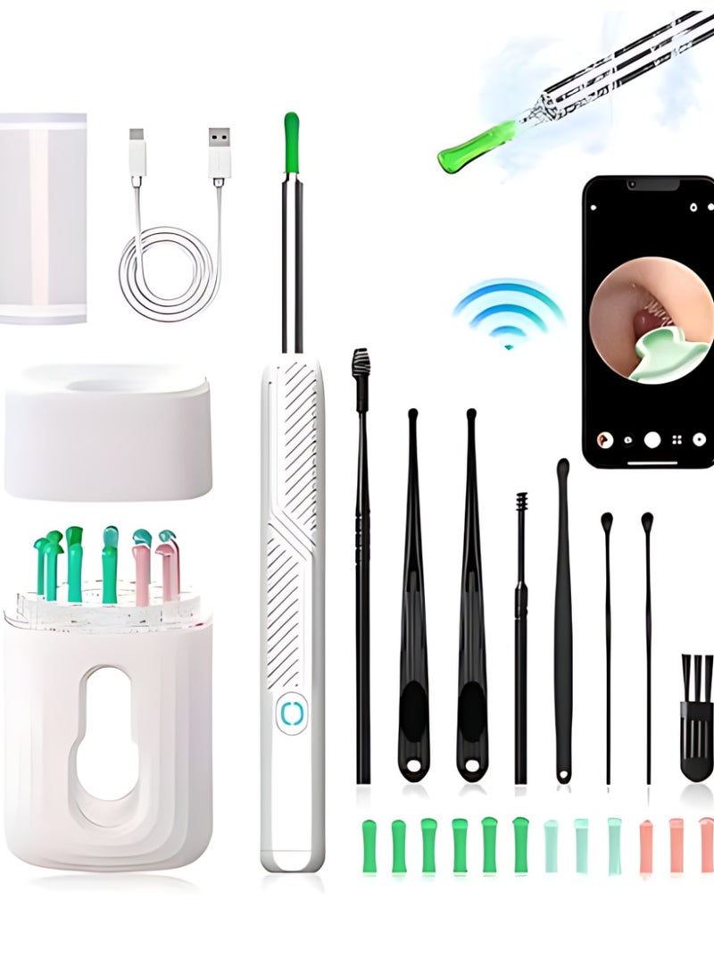 الآلة الصغيرة مجموعة تنظيف شمع الأذن، مزودة بكاميرا عالية الدقة 1080 وواي فاي، تحتوي على 12 أداة تنظيف و6 ملاعق للأذن مع حقيبة تخزين (أبيض) - Image 1