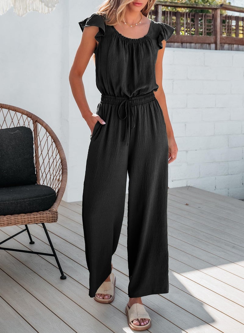 Dokotoo Jumpsuits for Women 2025 Summer Ruffle Sleeves Square Neck Rompers Drawstring Wide Leg Casual Overalls with Pockets Beach Fashion,Black Small - Image 3