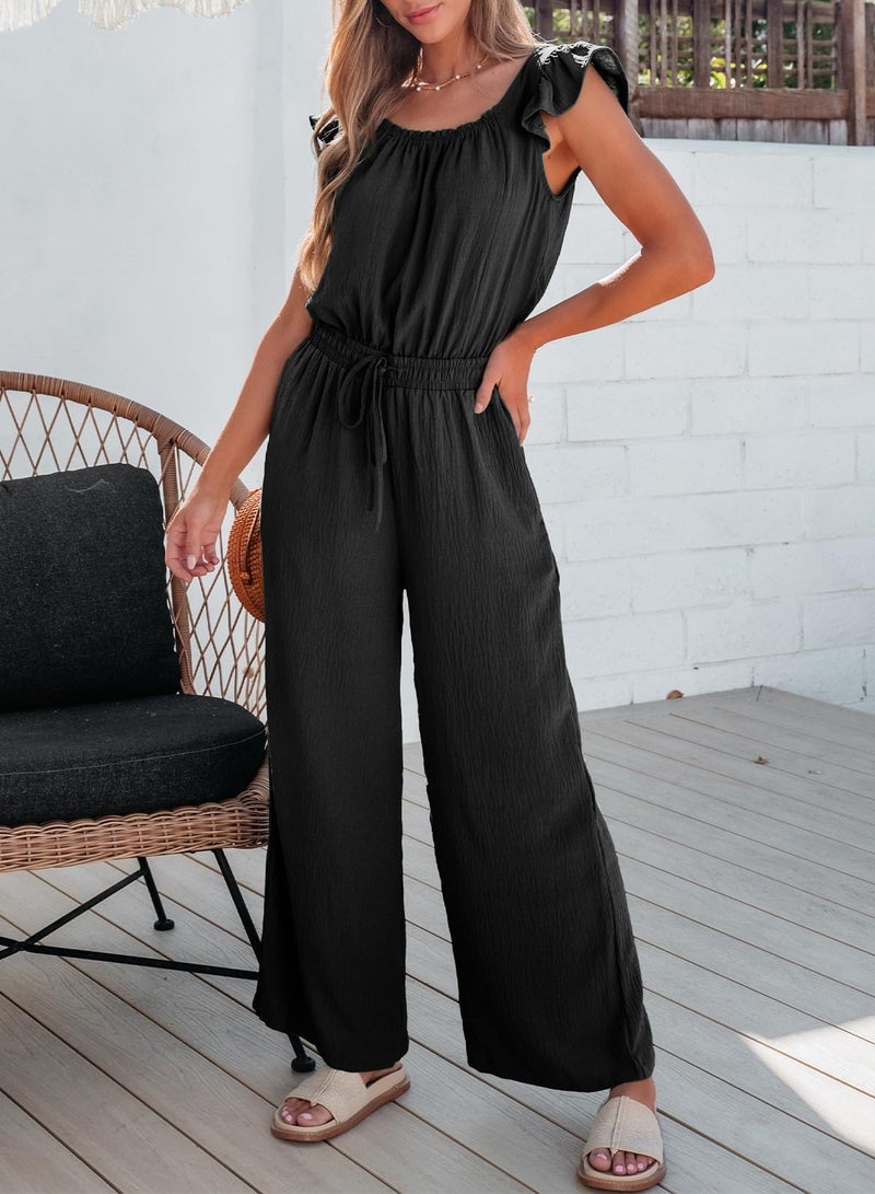 Dokotoo Jumpsuits for Women 2025 Summer Ruffle Sleeves Square Neck Rompers Drawstring Wide Leg Casual Overalls with Pockets Beach Fashion,Black Small - Image 5