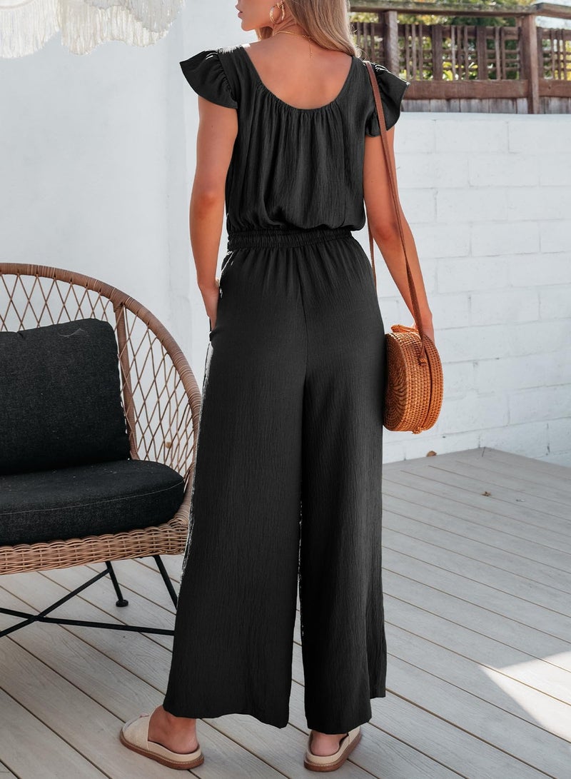 Dokotoo Jumpsuits for Women 2025 Summer Ruffle Sleeves Square Neck Rompers Drawstring Wide Leg Casual Overalls with Pockets Beach Fashion,Black Small - Image 4