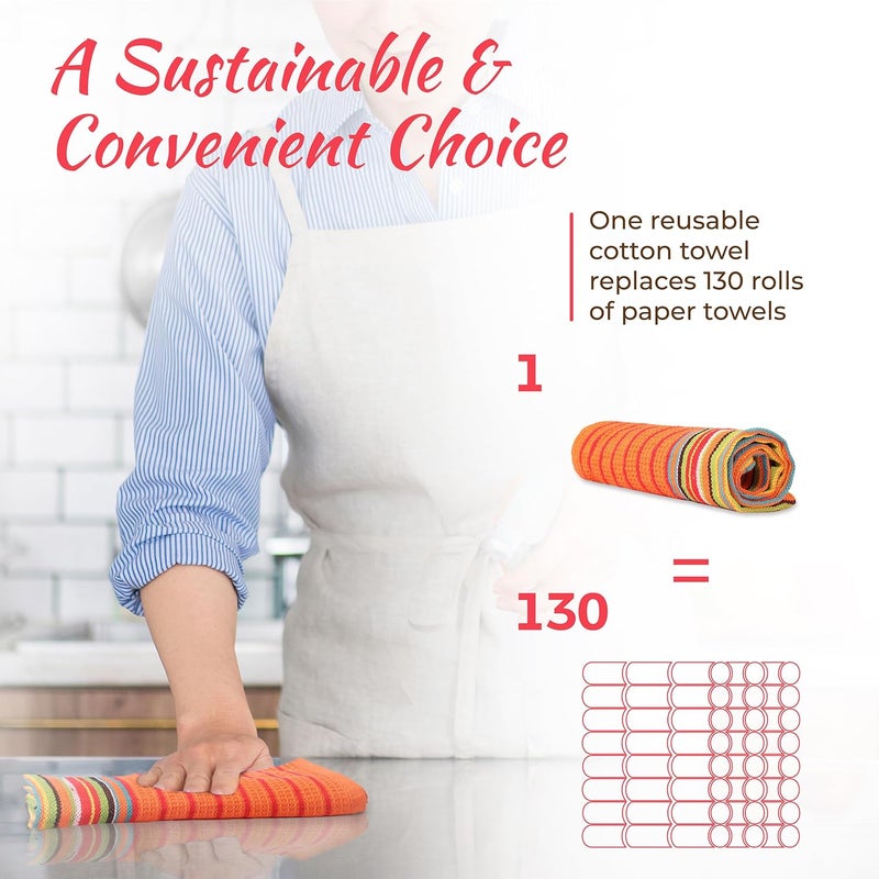 THREAD SPREAD منشفة مطبخ THREAD SPREAD 100% قطن مجموعة من 12 منشفة 16x28 بوصة متعددة الأغراض للتجفيف والتنظيف في المطاعم والحانات عالية الامتصاص خالية من الوبر باللون الأحمر والبرتقالي - Image 5