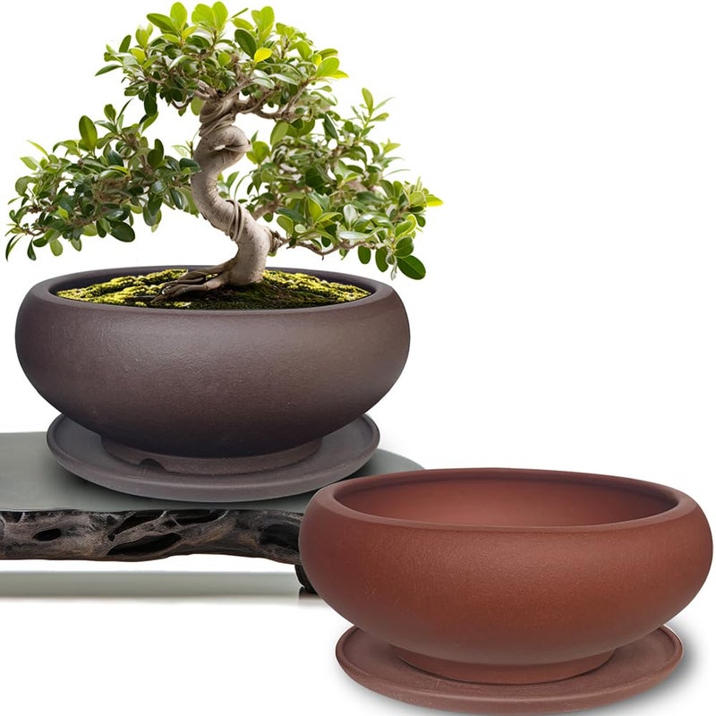 MUZHI 5.3â€ Round Ceramic Bonsai Starter Pots with Trays Set of 2 Brown and Red, Small Vintage Unglazed Succulent Pots with Saucers Minimalist Classic Mame Bonsai Planter with Drainage - Image 1