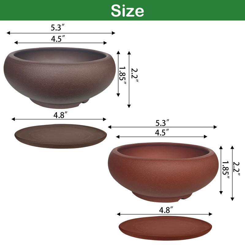 MUZHI 5.3â€ Round Ceramic Bonsai Starter Pots with Trays Set of 2 Brown and Red, Small Vintage Unglazed Succulent Pots with Saucers Minimalist Classic Mame Bonsai Planter with Drainage - Image 2