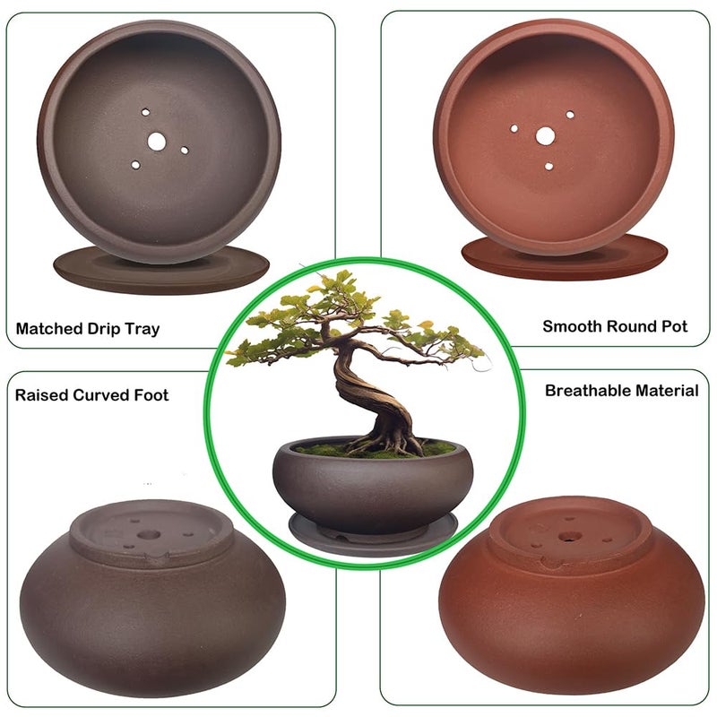 MUZHI 5.3â€ Round Ceramic Bonsai Starter Pots with Trays Set of 2 Brown and Red, Small Vintage Unglazed Succulent Pots with Saucers Minimalist Classic Mame Bonsai Planter with Drainage - Image 4