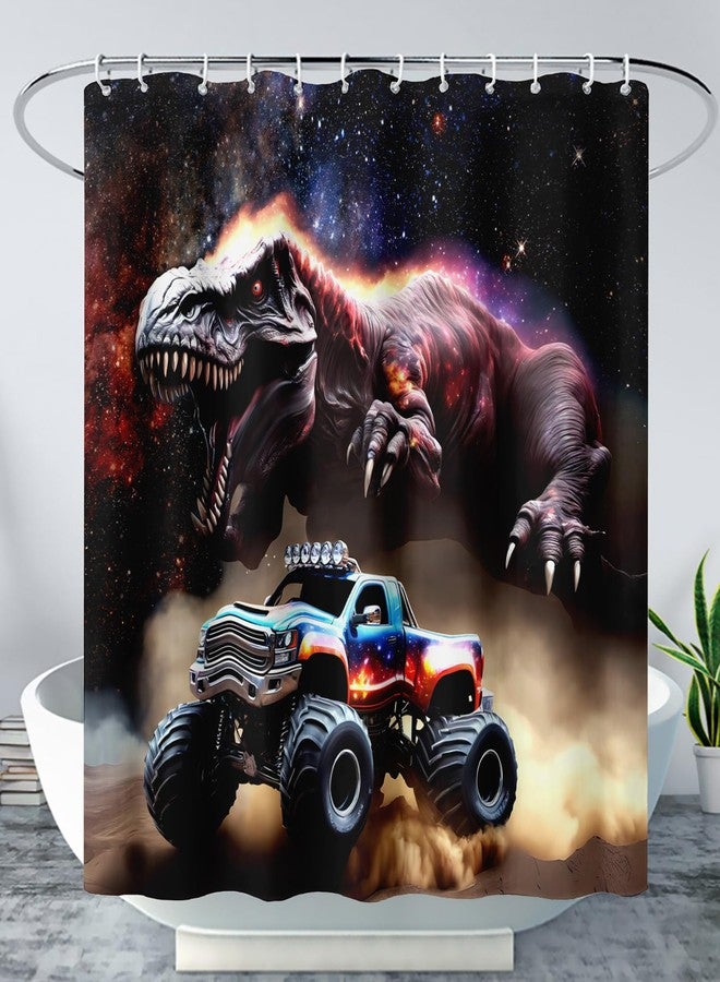 AILONEN Boys Dinosaur and Truck Shower Curtain,3D Starry Dinosaur Themed Kids Bathroom Curtain,Monster Truck Boys Waterproof Bath Curtain, 72" W x 72" H - Image 1