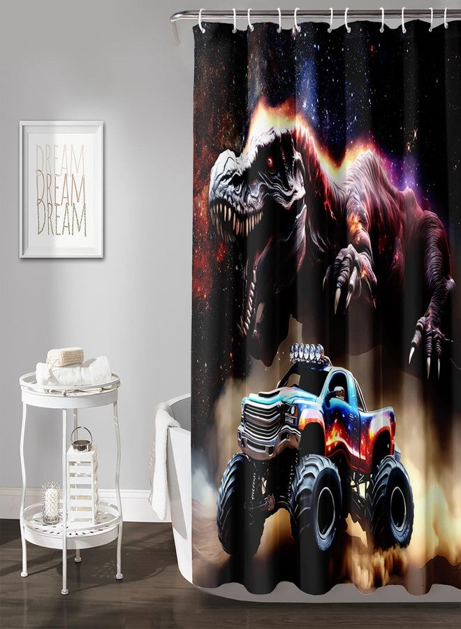 AILONEN Boys Dinosaur and Truck Shower Curtain,3D Starry Dinosaur Themed Kids Bathroom Curtain,Monster Truck Boys Waterproof Bath Curtain, 72" W x 72" H - Image 2