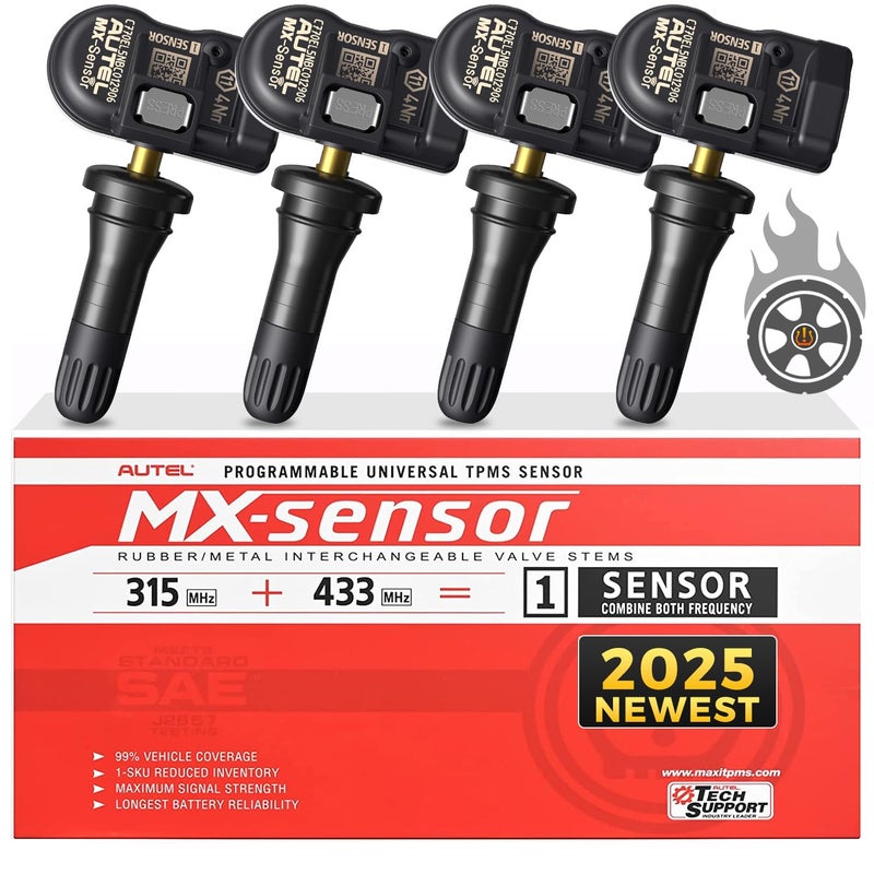 Autel TPMS Sensors Set of 4 MaxiTPMS MX Sensor 315 433Mhz 2in1 Universal Tire Pressure OE Sensors100 Cloneable by TS408S TS501 PRO TS508 TS508WF MP900TS MS906 PROTS PressRelease Rubber Valve