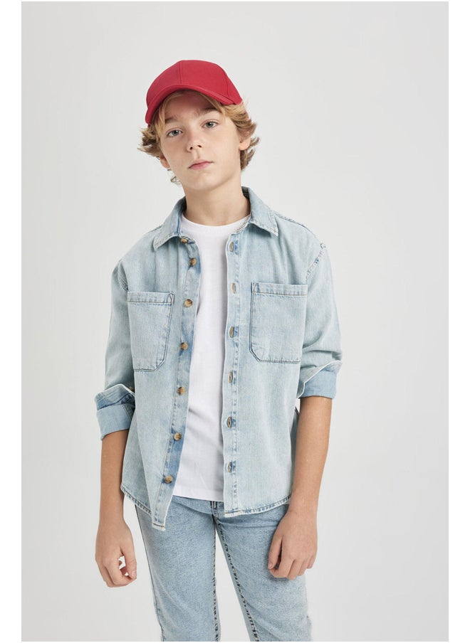 DeFacto - Boy Oversize Fit Polo Neck Denim Long Sleeve Shirt - Image 1