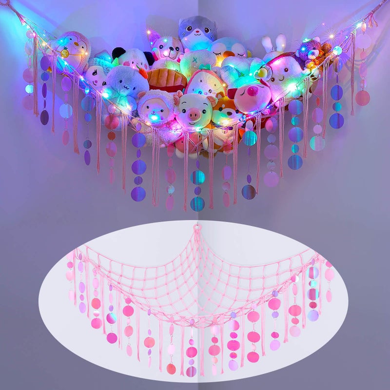 FIOBEE Stuffed Animals Hammock Net Toy Storage Organizer with LED Light, Stuffed Animals Storage Girls Room DÃ©cor Wall Hanging with Sequins for Kids Bedroom Nursery Playroom, Light Pink - Image 1