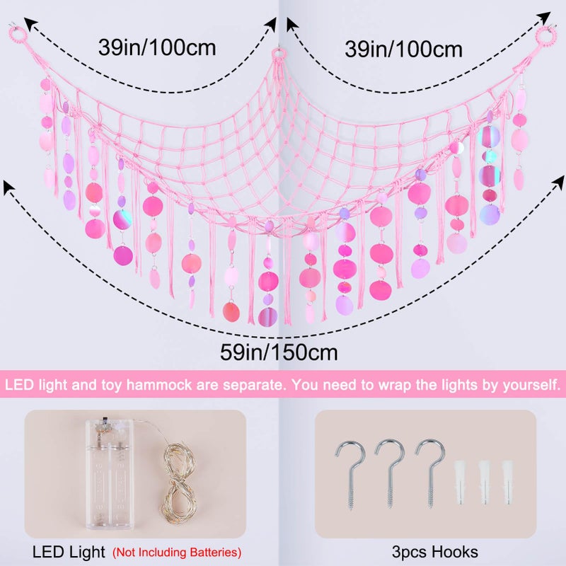 FIOBEE Stuffed Animals Hammock Net Toy Storage Organizer with LED Light, Stuffed Animals Storage Girls Room DÃ©cor Wall Hanging with Sequins for Kids Bedroom Nursery Playroom, Light Pink - Image 4