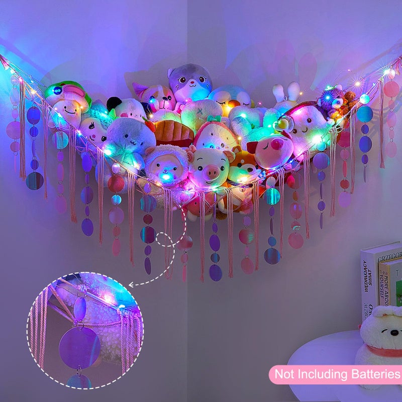 FIOBEE Stuffed Animals Hammock Net Toy Storage Organizer with LED Light, Stuffed Animals Storage Girls Room DÃ©cor Wall Hanging with Sequins for Kids Bedroom Nursery Playroom, Light Pink - Image 5