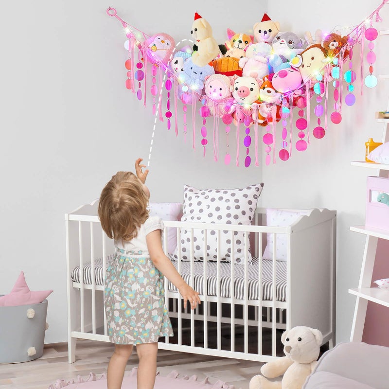 FIOBEE Stuffed Animals Hammock Net Toy Storage Organizer with LED Light, Stuffed Animals Storage Girls Room DÃ©cor Wall Hanging with Sequins for Kids Bedroom Nursery Playroom, Light Pink - Image 2