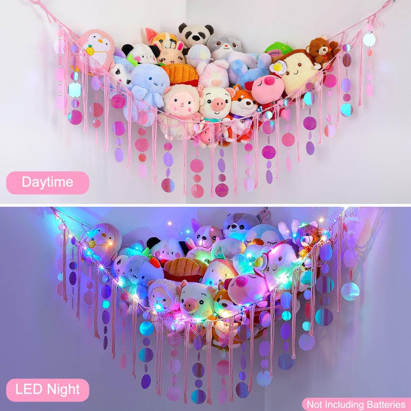FIOBEE Stuffed Animals Hammock Net Toy Storage Organizer with LED Light, Stuffed Animals Storage Girls Room DÃ©cor Wall Hanging with Sequins for Kids Bedroom Nursery Playroom, Light Pink - Image 3