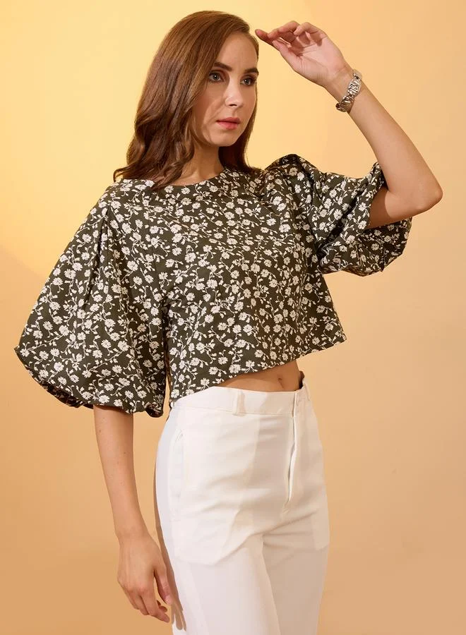 globus Globus Green Floral Print Puff Sleeves Crop Top