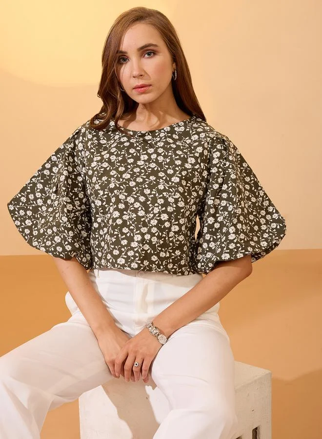 globus Globus Green Floral Print Puff Sleeves Crop Top