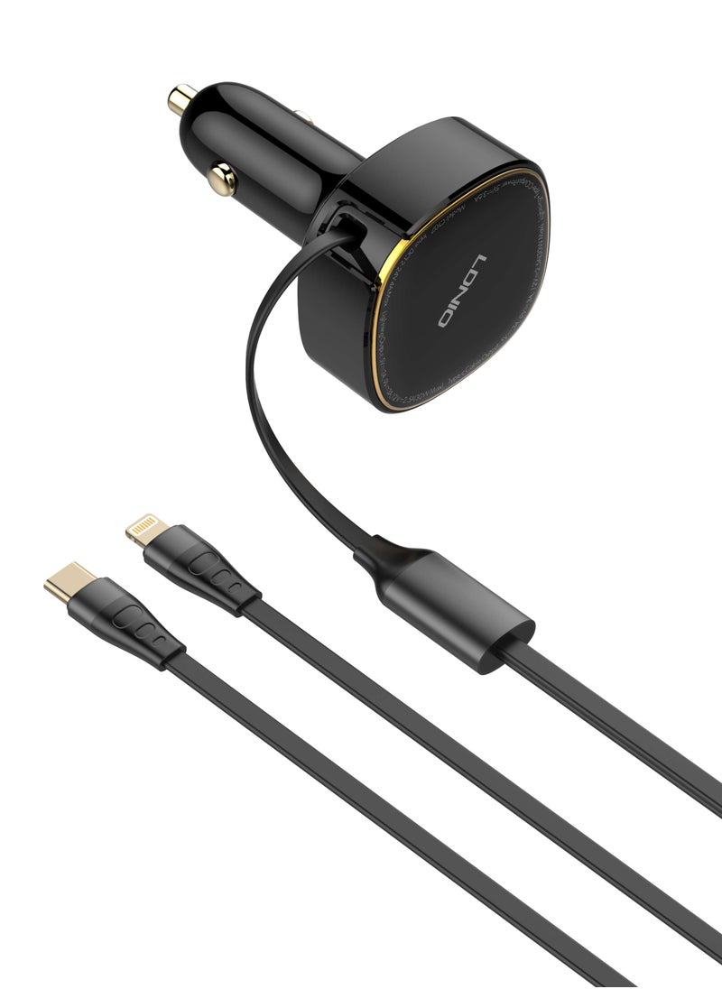 LDNIO Car Charger 30W Fast Charging Retractable Type-C and Lightning Cable Quick Mobile Phone Charger for iPhone 14/14Pro Max/13/12/11 Series Samsung , Huawei, Xiaomi and many more Black  - Image 2
