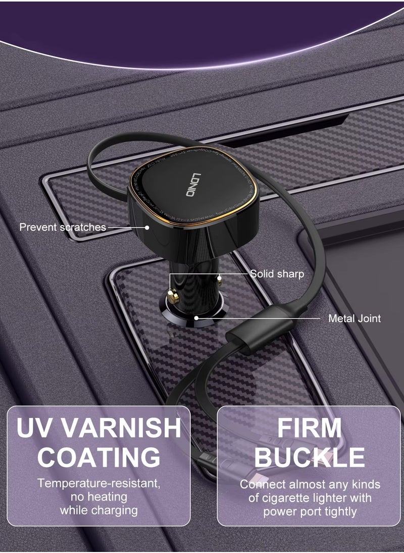 LDNIO Car Charger 30W Fast Charging Retractable Type-C and Lightning Cable Quick Mobile Phone Charger for iPhone 14/14Pro Max/13/12/11 Series Samsung , Huawei, Xiaomi and many more Black  - Image 3