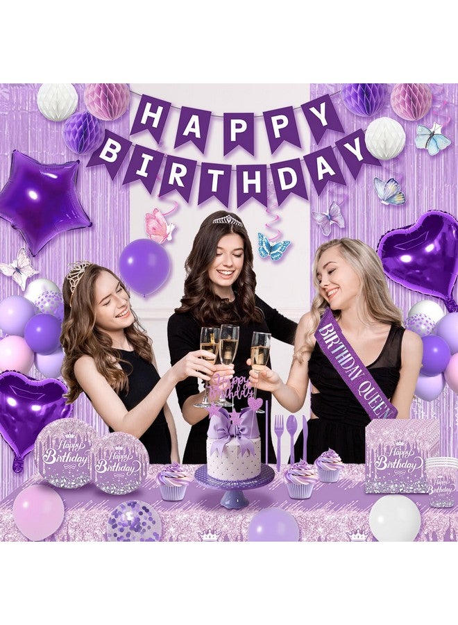 Janinus Purple Birthday Decorations With Pastel Purple Pink And White Balloons And Happy Birthday Banner Sash, Curtains, Cake Topper Tablecloth For Women Girls Lavender Birthday Decorations Party Supplies - Image 3