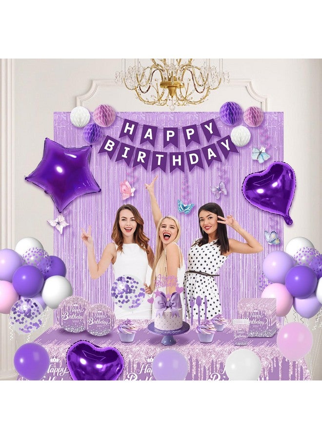Janinus Purple Birthday Decorations With Pastel Purple Pink And White Balloons And Happy Birthday Banner Sash, Curtains, Cake Topper Tablecloth For Women Girls Lavender Birthday Decorations Party Supplies - Image 4