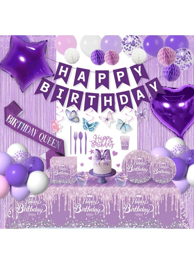 Janinus Purple Birthday Decorations With Pastel Purple Pink And White Balloons And Happy Birthday Banner Sash, Curtains, Cake Topper Tablecloth For Women Girls Lavender Birthday Decorations Party Supplies - Image 1