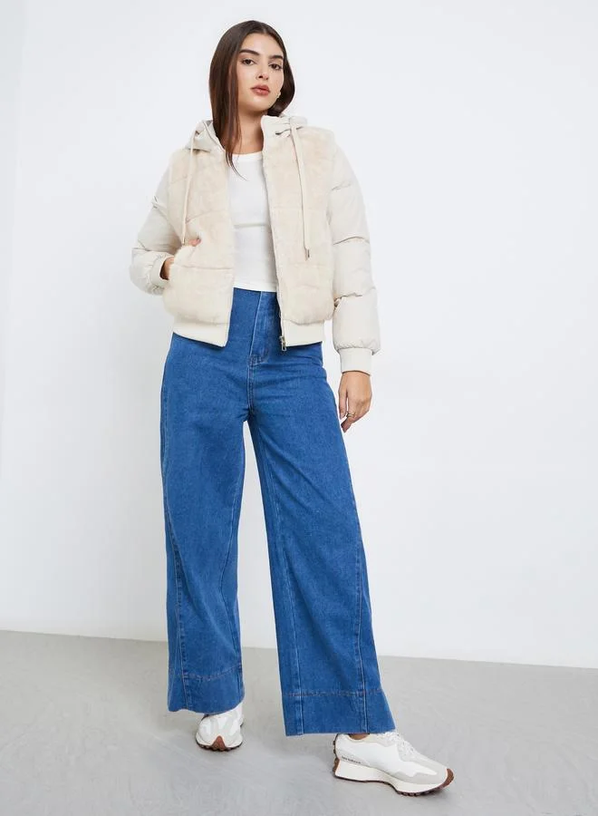 Styli Women Off White Regular Fit Regular Length Faux Fur Padded Jacket