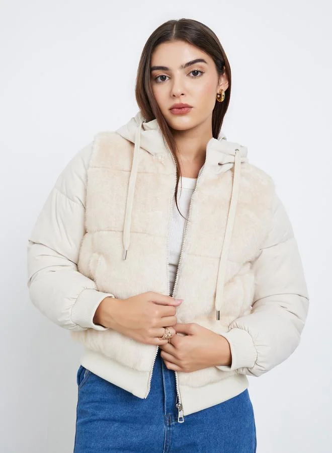 Styli Women Off White Regular Fit Regular Length Faux Fur Padded Jacket