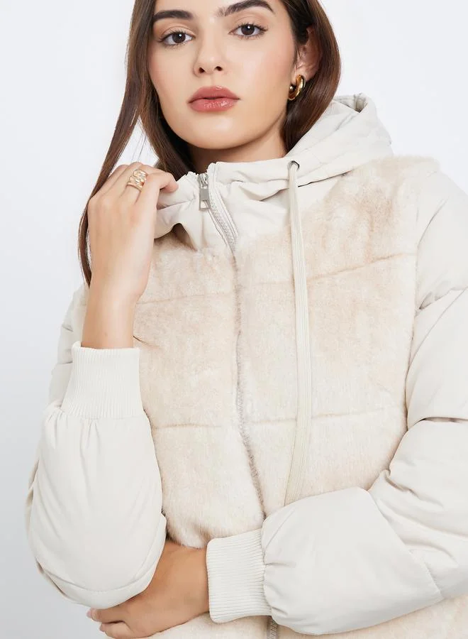 Styli Women Off White Regular Fit Regular Length Faux Fur Padded Jacket