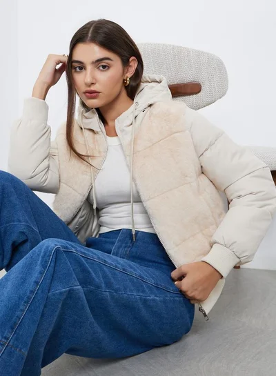 Styli Women Off White Regular Fit Regular Length Faux Fur Padded Jacket