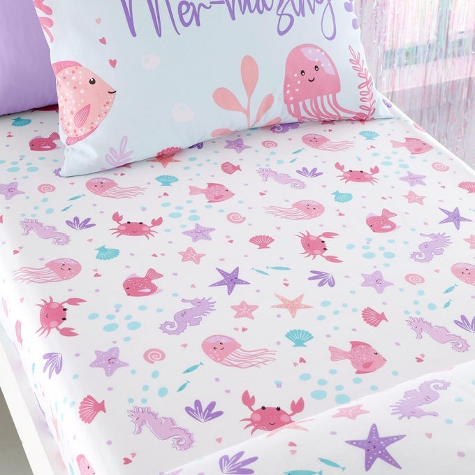 PINK SEA ANIMALS BED SHEETS SINGLE FITTED SHEET 190 X 90 X 25CM OCEANSEA CREATURES BEDROOM ACCESSORIES MERMAID VIBES COLLECTION AGUA