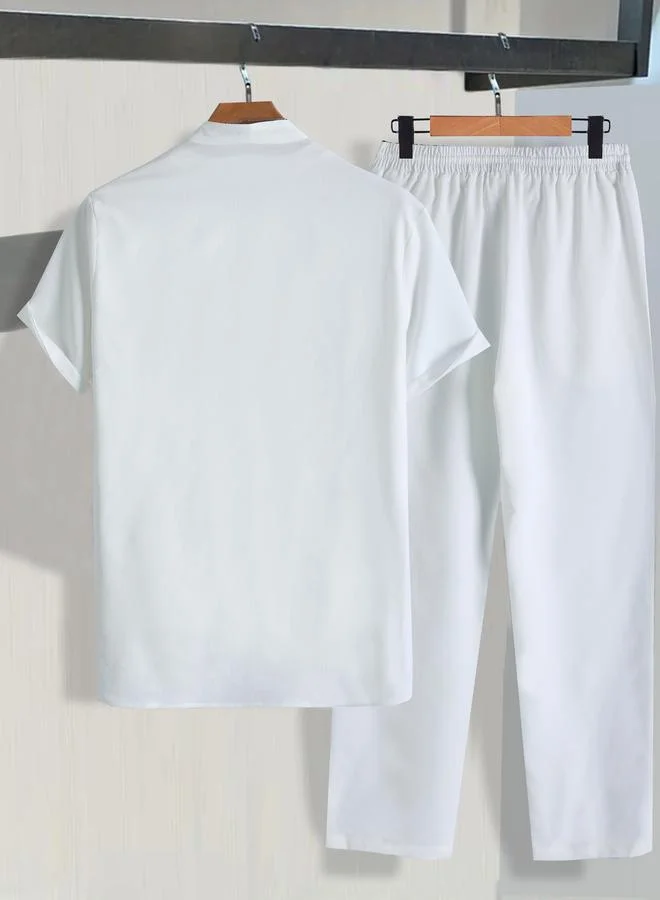 تايك تو Men White Linen Shirt and Pants Co-Ords