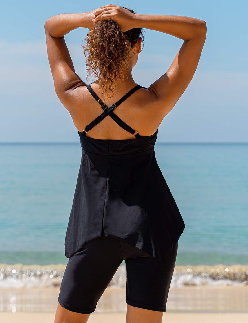 Firpearl Women's Black Bathing Suit Tops Flowy Swimsuit Crossback Plus Size Tankini Top US16 Black - Image 5