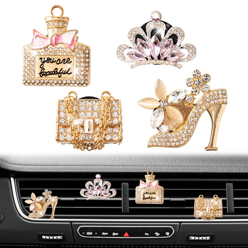 Rislobx ريسلوبكس 4 قطع من معطر الهواء المتلألئ مع مشبك تهوية، زجاجة عطر على شكل حذاء كعب عالٍ مع تاج، معطر هواء لطيف لزينة السيارة للنساء (ذهبي) - Image 1