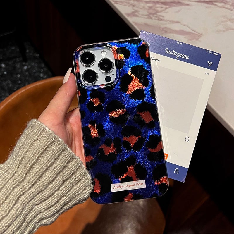 Apple iPhone 16 Pro Phone Case, TPU Shockproof, Fashionable Retro Glossy Denim Leopard Print Drop-Proof Phone Case - Image 4