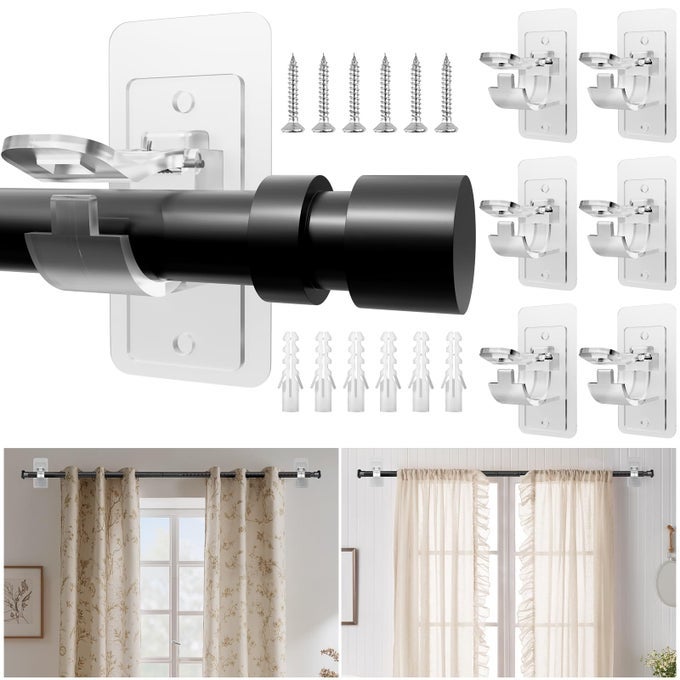 6 PC NO DRILL CURTAIN ROD BRACKETS LARGE SELF ADHESIVE CURTAIN ROD HOLDER HOOKS WITH SCREWS 2 INSTALL METHODS NAIL FREE CURTAIN ROD HANGERS MULTIPURPOSE ADHESIVE HOOKS FOR BATHROOM BEDROOM