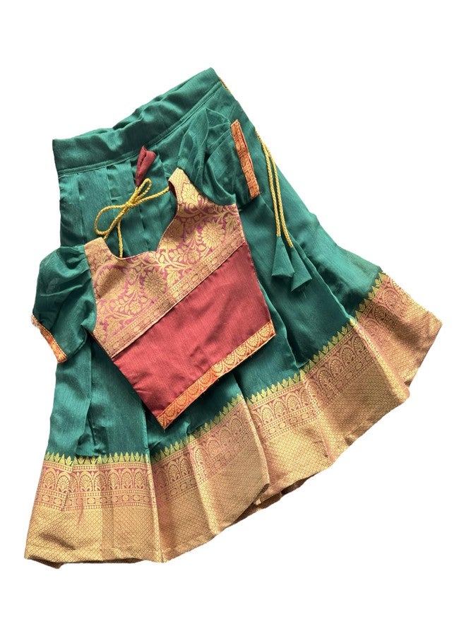 Picksparrow Baby Girl Pattu pavadai/Lehenga Choli/Festive Indian wear (Puff Sleeve, Cotton Silk) (Maroon - Green, 0-6 Months) - Image 1