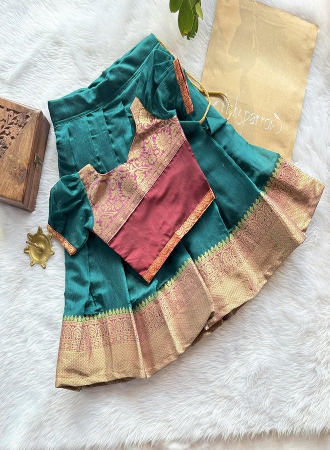 Picksparrow Baby Girl Pattu pavadai/Lehenga Choli/Festive Indian wear (Puff Sleeve, Cotton Silk) (Maroon - Green, 0-6 Months) - Image 3