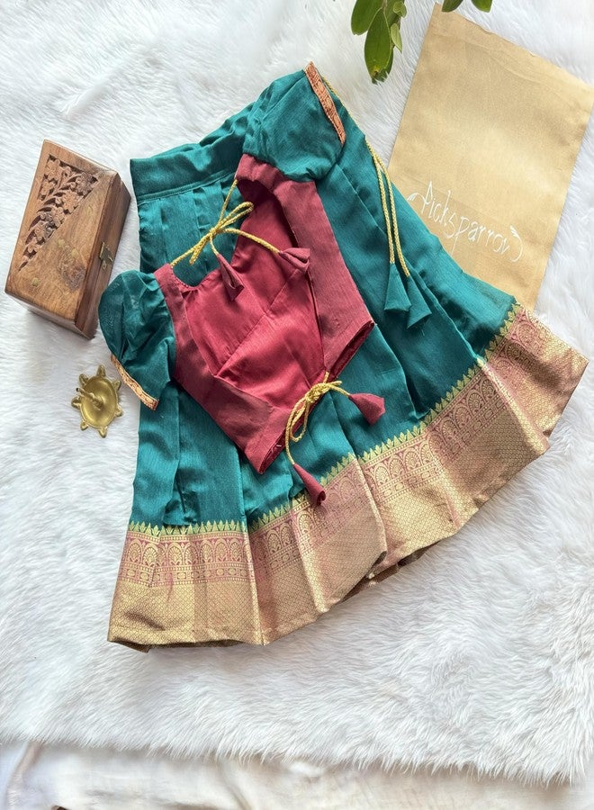 Picksparrow Baby Girl Pattu pavadai/Lehenga Choli/Festive Indian wear (Puff Sleeve, Cotton Silk) (Maroon - Green, 0-6 Months) - Image 2