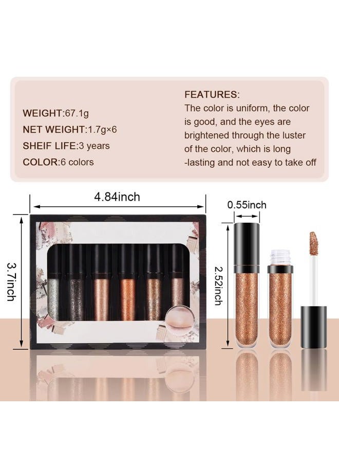 SUAKE 6 Pcs Glitter Eyeshadow Makeup Kit - Black, Champagne, Silver, Gold Shimmer Metallic Eye Shadow - Quick-Drying, Long Lasting Eyeliner for Eyeshadow Palette - Image 2