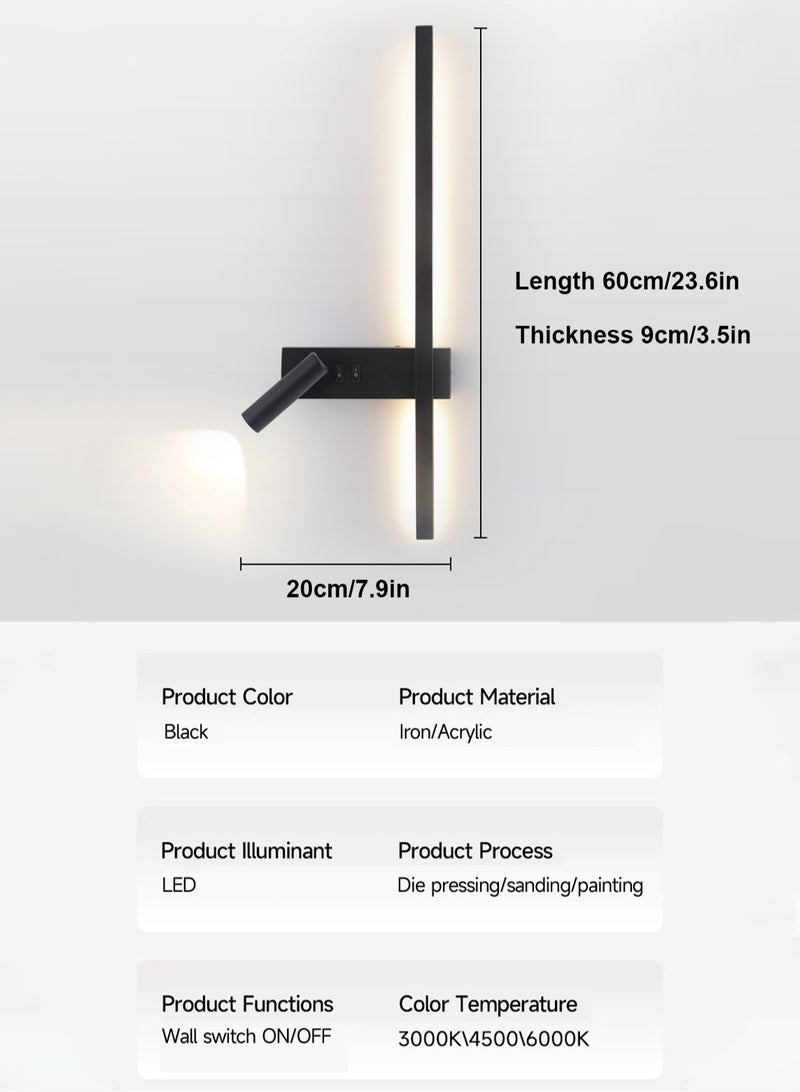 LOOPITYS Minimalist LED strip wall light (black, 60CM, 3000K warm light) LED bedroom wall light with spotlight - indoor wall light - perfect for wall decoration - LED indoor light - indoor lighting - room decoration - light - bedside table - bedroom - Image 4