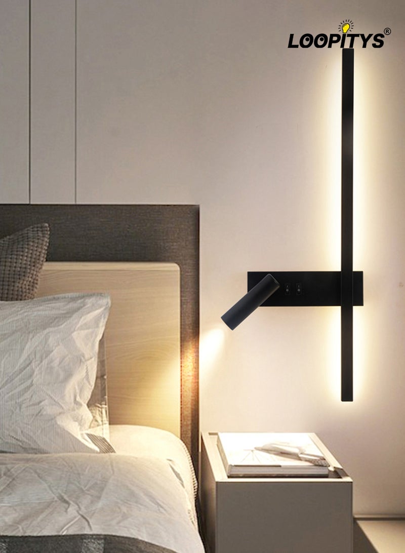 LOOPITYS Minimalist LED strip wall light (black, 60CM, 3000K warm light) LED bedroom wall light with spotlight - indoor wall light - perfect for wall decoration - LED indoor light - indoor lighting - room decoration - light - bedside table - bedroom - Image 1