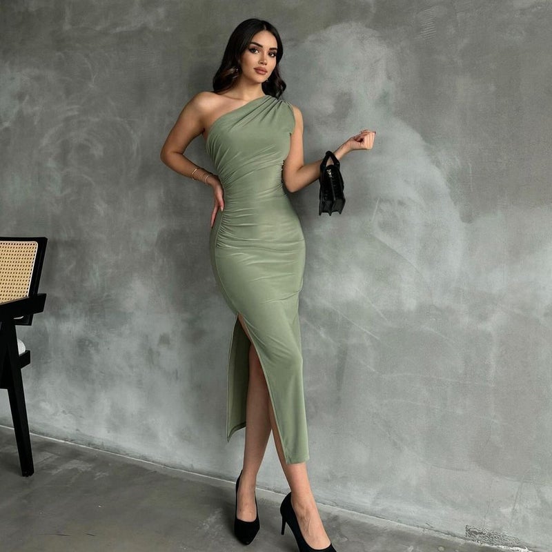 CME European and American Summer New One-Shoulder Slit Waist-Cinched Sleeveless Elegant Dress for Women - Image 1