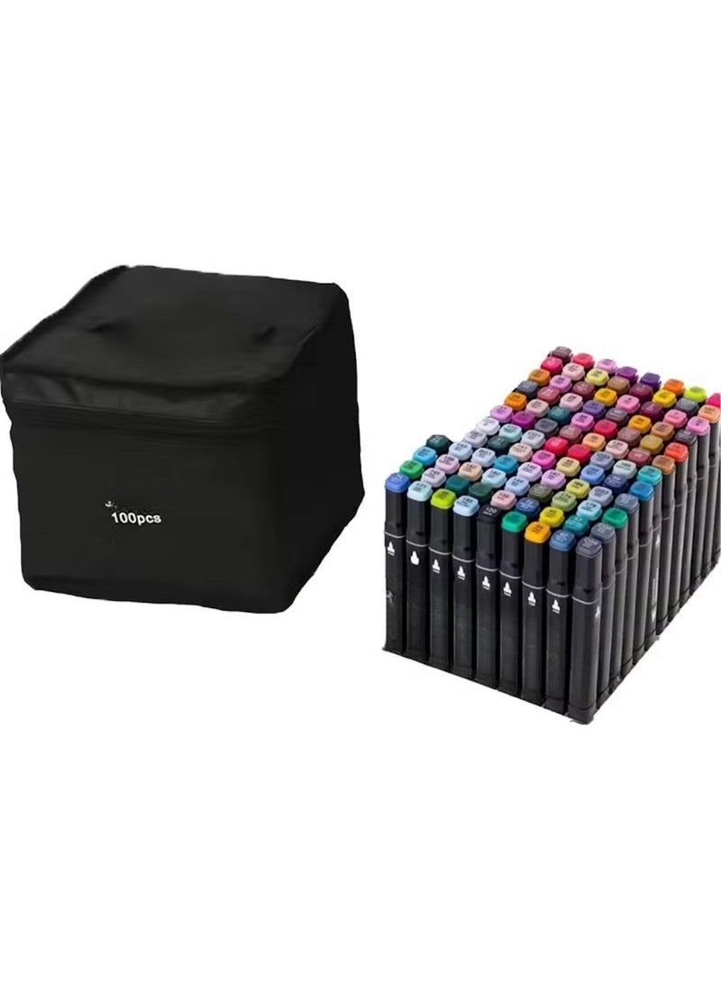Huitich 100pcs Dual Tip Markers Set – Assorted Colors, Stylish Black Body with Cloth Bag - Image 1