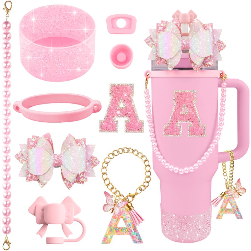 Hpebl 9PCS Pink for Stanley Cup Accessories Set Bling Initials Bow Charms for Stanley Decorations 30/40 Oz Tumbler Accessories Including Bow Straw Topper, Handle Strap, Spill Stopperï¼ˆLetter Aï¼‰ - Image 1