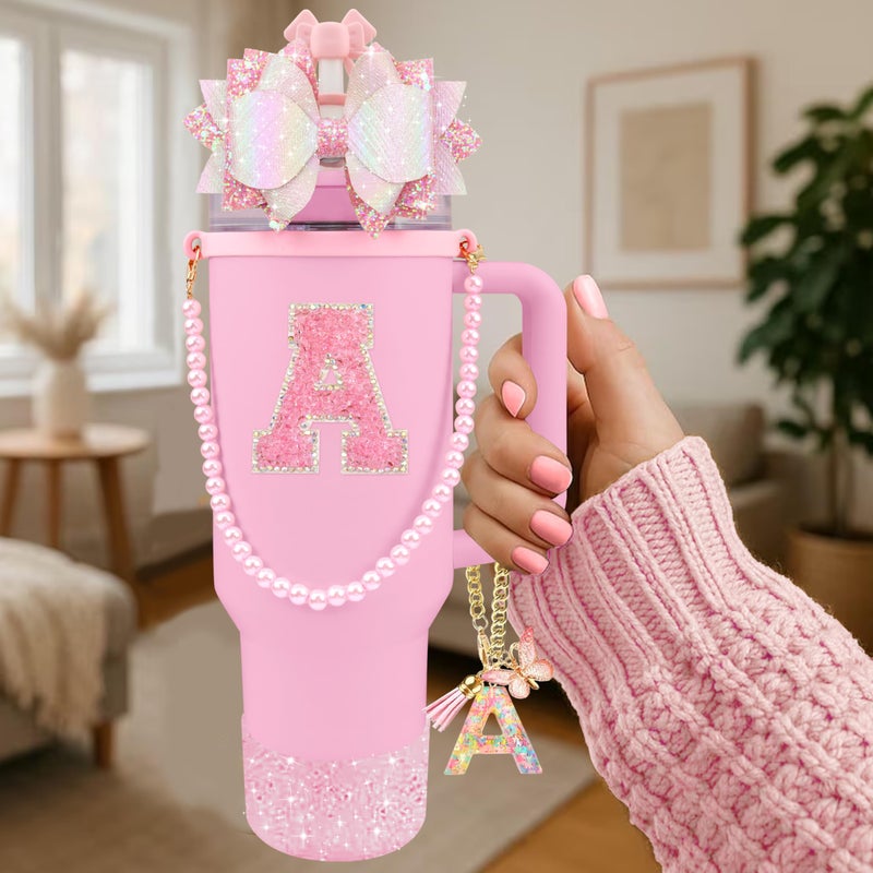 Hpebl 9PCS Pink for Stanley Cup Accessories Set Bling Initials Bow Charms for Stanley Decorations 30/40 Oz Tumbler Accessories Including Bow Straw Topper, Handle Strap, Spill Stopperï¼ˆLetter Aï¼‰ - Image 2